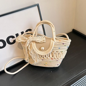 Straw Woven Bucket Crossbody Bag With PU Leather Flap Artificial Pearl Button Colorful Dots Lace Ribbon Sweet Summer Beach