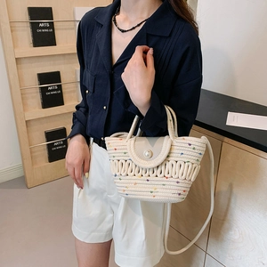 French style woven straw bucket bag with colorful dots, pearl button and shoulder strap