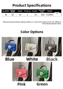 Guide des tailles pour sac carré montrant les dimensions et détails de la chaîne