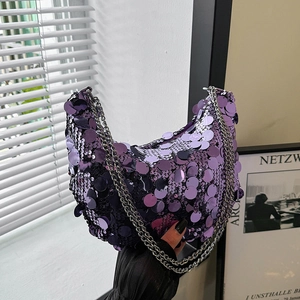 Women Sequin Hobo Shoulder Bag Shiny Velvet Crossbody Purse With Metal Chain For Party Night Out Fashion Designer Handbag