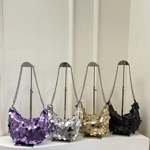 Women Fashion Sequin Underarm Saddle Bag Metallic Shiny Hobo Shoulder Bag With Chain Strap Sparkly Party Evening Handbag