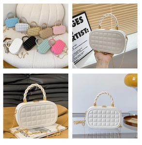 Close-up of quilted handbag with woven handle, metal chain strap, and nine color options