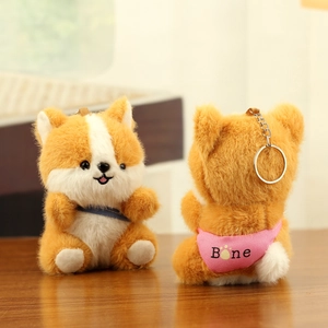 Porte-clés en peluche Shiba Inu mignon avec fourrure orange blanc et détail d'os