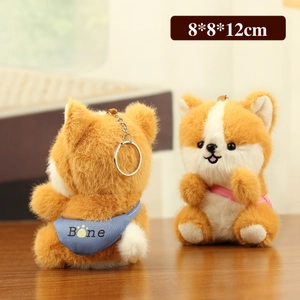 Porte-clés en peluche Shiba Inu mignon avec sac bleu Bone et anneau en métal, 8x8x12cm
