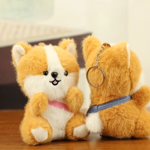 Détails avant et arrière de porte-clés Corgi en peluche douce avec anneaux en métal