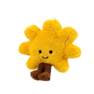 Cute yellow star plush keychain with corduroy legs and a smiley face on white background