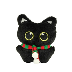 Schattige zwarte kat pluche sleutelhanger met gele ogen en rood-groene sjaal