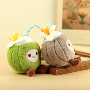 Set portachiavi in peluche a forma di cocco con visi ricamati e cannuccia a righe