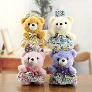 Mignon Porte-clés Ours en Peluche Avec Robe Fleurie Nœud Papillon Doux Animal en Peluche Jouet Ornement de Sac pour Femmes Filles Enfants Cadeau