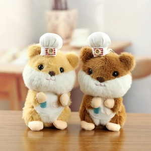 Cute plush hamster chef keychain toys in brown and beige with white aprons and hats