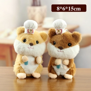 Cute hamster chef plush keychain in brown colors, soft bag pendant 8x6x15cm