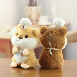 Detailed front and back views of plush hamster chef keychain with white apron and hat