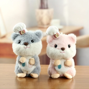 Cute pink and grey hamster plush keychains in chef hats and aprons for bag decor