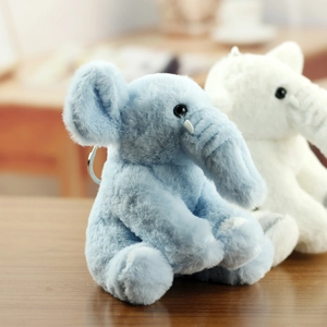 Close-up of soft blue plush elephant keychain with detailed faux fur and metal ring