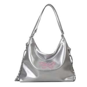 Silver metallic moon bag with pink butterfly embroidery and elegant chain detail