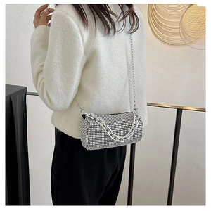 Silver rhinestone cylinder bag with thick decorative metal chain for women party use