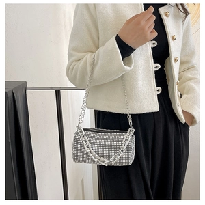 Detailed view of silver rhinestone handbag featuring a bold metallic chain on white coat