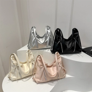 Chic ruched hobo tote bag in silver, black, beige and pink glossy faux leather