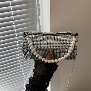 Damen Glänzend Strass Boston Tasche Mode Kunstperle Griff Metallkette Umhängetasche Abend Party Schulterhandtasche