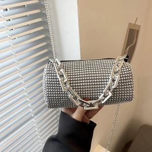 Women Rhinestone Cylinder Crossbody Bag Luxury Sparkly Full Diamond Handbag With Thick Metal Chain For Party Evening Fashion