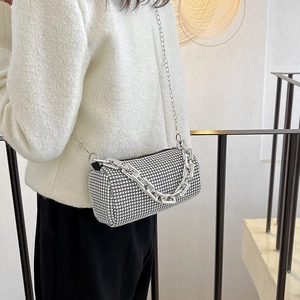 Chic silver cylinder bucket bag with rhinestones and chunky metal chain handle