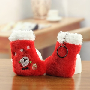 Cute Christmas stocking plush pendant with Santa Claus embroidery and a silver keychain