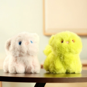 Cute pink and green plush cat toy keychains with soft faux fur and bright eyes