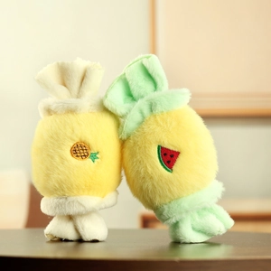 Cute candy plush keychain with pineapple and watermelon embroidery in soft yellow fabric