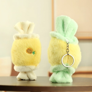 Cute candy plush keychain set with pineapple embroidery and soft faux fur texture