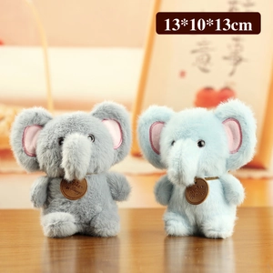 Cute grey and blue plush elephant doll charms with soft long fur, size 13x10x13cm