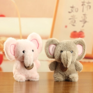 Pink and gray elephant plush toy charms with soft fur and decorative metal tags