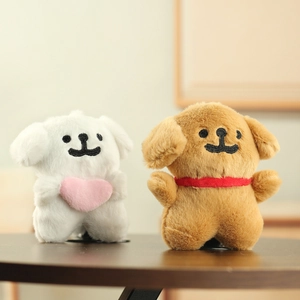 Cute white and brown plush puppy pendants with pink heart and red ribbon decorations