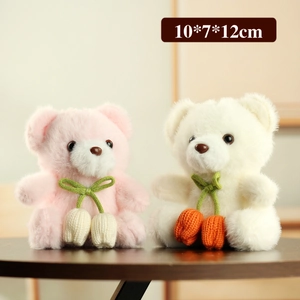 Cute plush bear charms in pink and cream with knitted tulips and ribbon ties