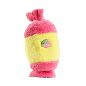 Cute plush candy pendant toy with pink and yellow long fur and strawberry embroidery detail