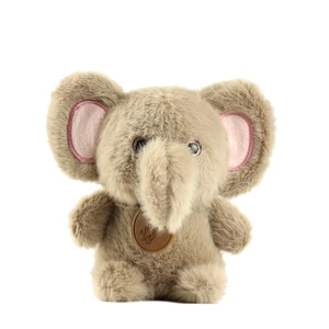 Cute plush elephant keychain toy with soft beige fur and pink ears on white background