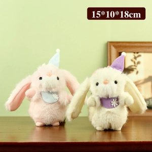Cute long-eared plush bunny charm with party hat and scarf, size 15x10x18cm in pink and white