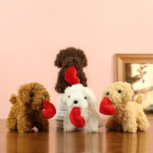 Cute teddy dog plush toys in four colors holding red hearts on a wooden table