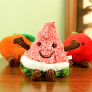 Macro shot of watermelon plush pendant with soft texture and cute embroidered face