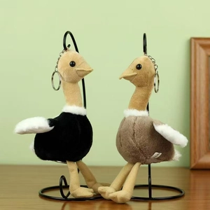 Détail de porte-clés autruche en peluche avec textures douces et anneaux en métal argenté