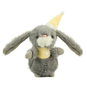 Cute gray plush bunny with long ears and yellow birthday hat for bag decoration