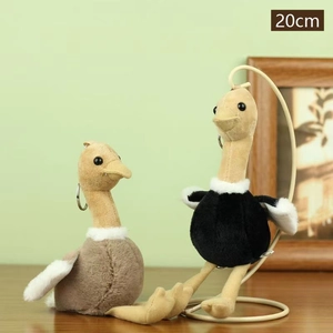 Lot de deux porte-clés autruche en peluche de 20 cm, coloris noir et gris, avec anneau métal