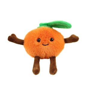 Cute plush orange keychain toy with long fluffy fur and smiling face on white background