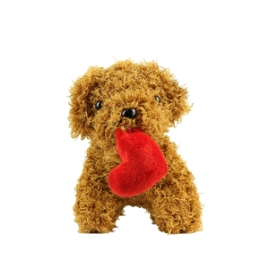 Cute brown curly teddy dog plush toy holding a red heart on white background