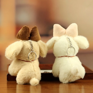 Detailed back view of plush puppy keychains with metallic rings and soft furry texture