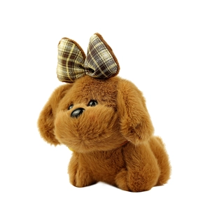 Cute brown plush puppy keychain with plaid bow, soft stuffed dog bag charm toy