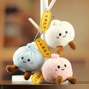 Porte-clés Baozi en peluche blanc, bleu et rose avec étiquettes Tianjin Baozi