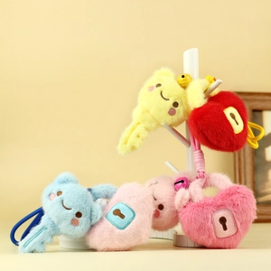 Cute Cartoon Plush Key And Lock Keychain Pendant Soft Stuffed Doll Bag Charm With Bell Woven Rope For Backpack Girls Gift