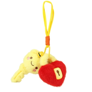 Cute yellow plush cartoon doll keychain with red heart pendant and yellow braided rope