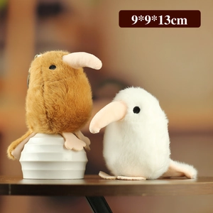 Plush kiwi bird keychain dolls in brown and white, soft long fur finish, 9x9x13cm size