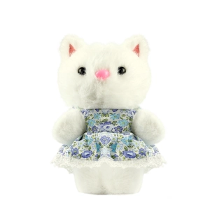 Poupée de chat blanc en robe florale bleue avec dentelle pour sacs et porte-clés